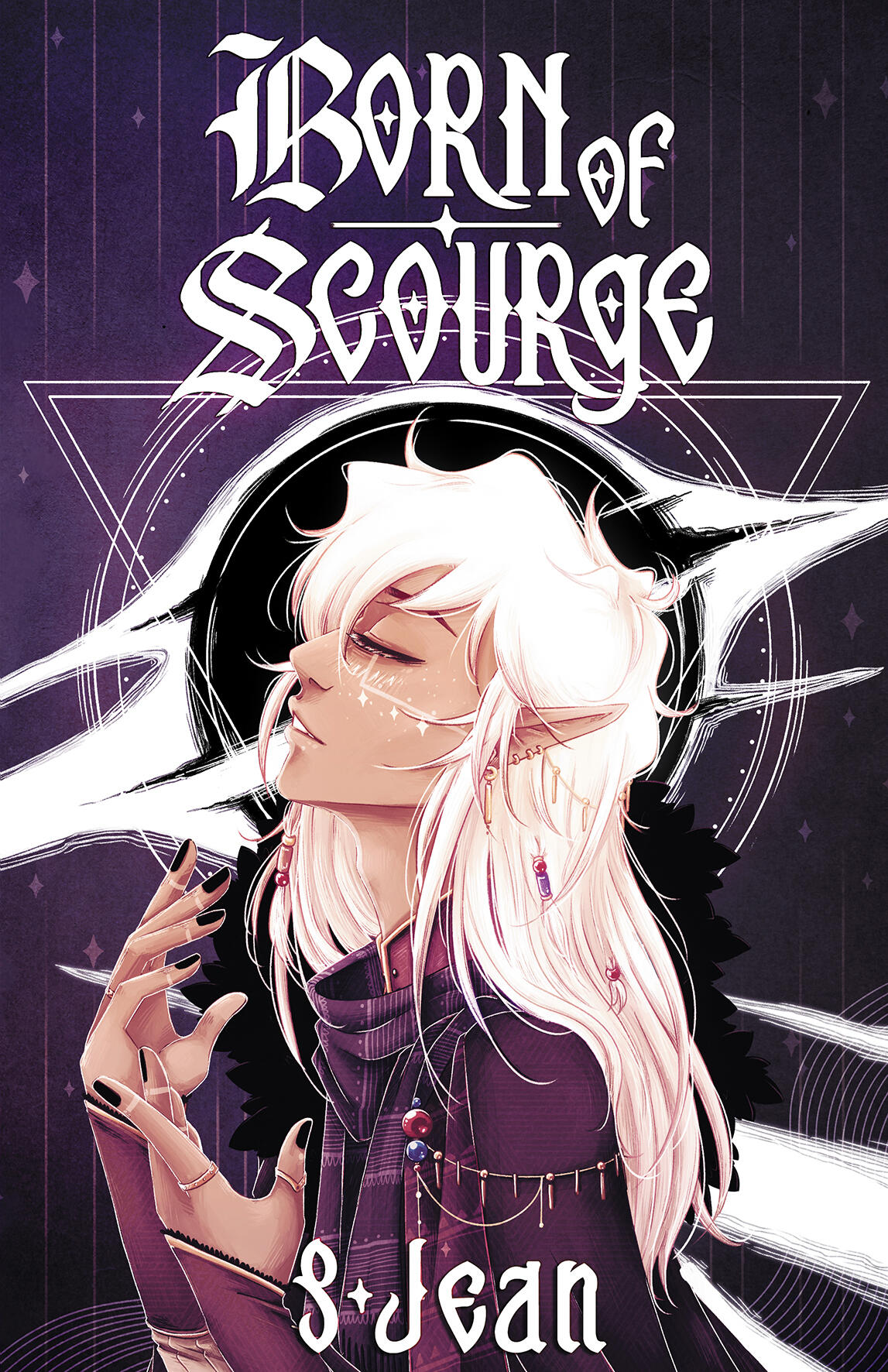 Born of Scourge's cover. It features the main character, Sol, in the center at profile with his eyes closed. Behind him is what appears to be a black hole with white tears through the image against a purple, textured background.