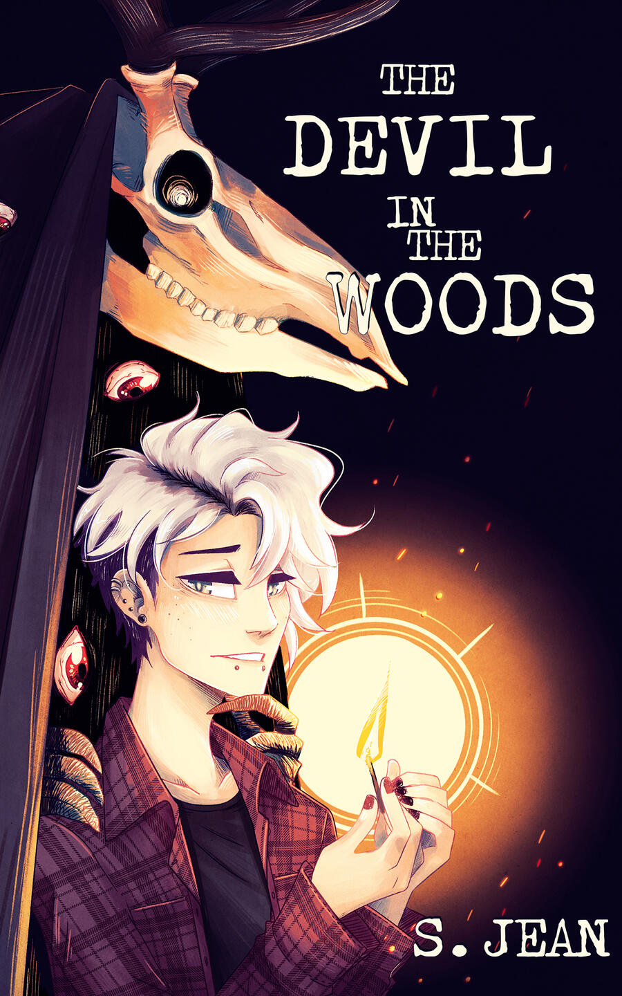 The Devil in the Woods' cover. Features Felix in the center with his white hair and red flannel as he holds a match close to his chest. Behind him is a figure with an elk skull where the horns reach up high.