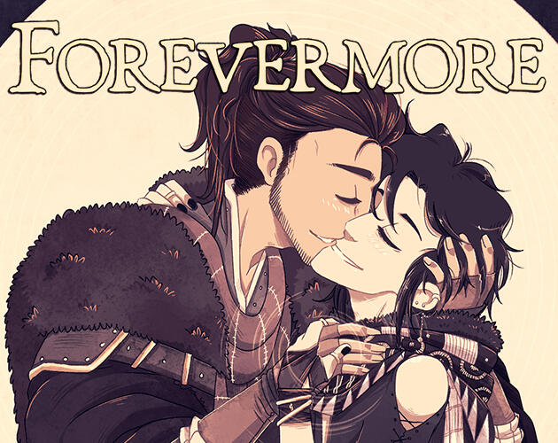 Icon for Forevermore. Nezael and Yorick are embraced in the front, their eyes closed. The title is written across the top.