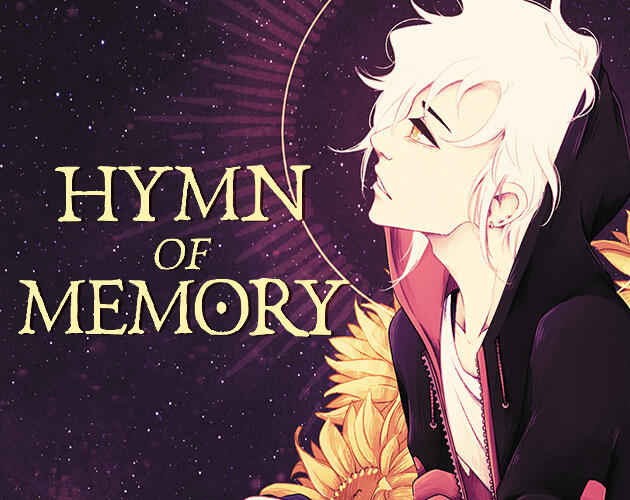 Icon for Hymn of Memory. Morgan sits to the right side with sunflowers while the title is to the left.