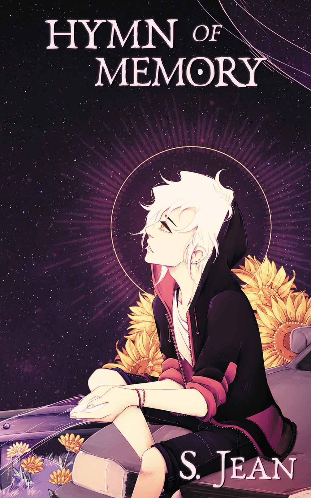 Image of Hymn of Memory cover. On the front is Morgan with white hair sitting on top of a car with his hands together in his lap. Behind him are sunflowers and a starry sky.