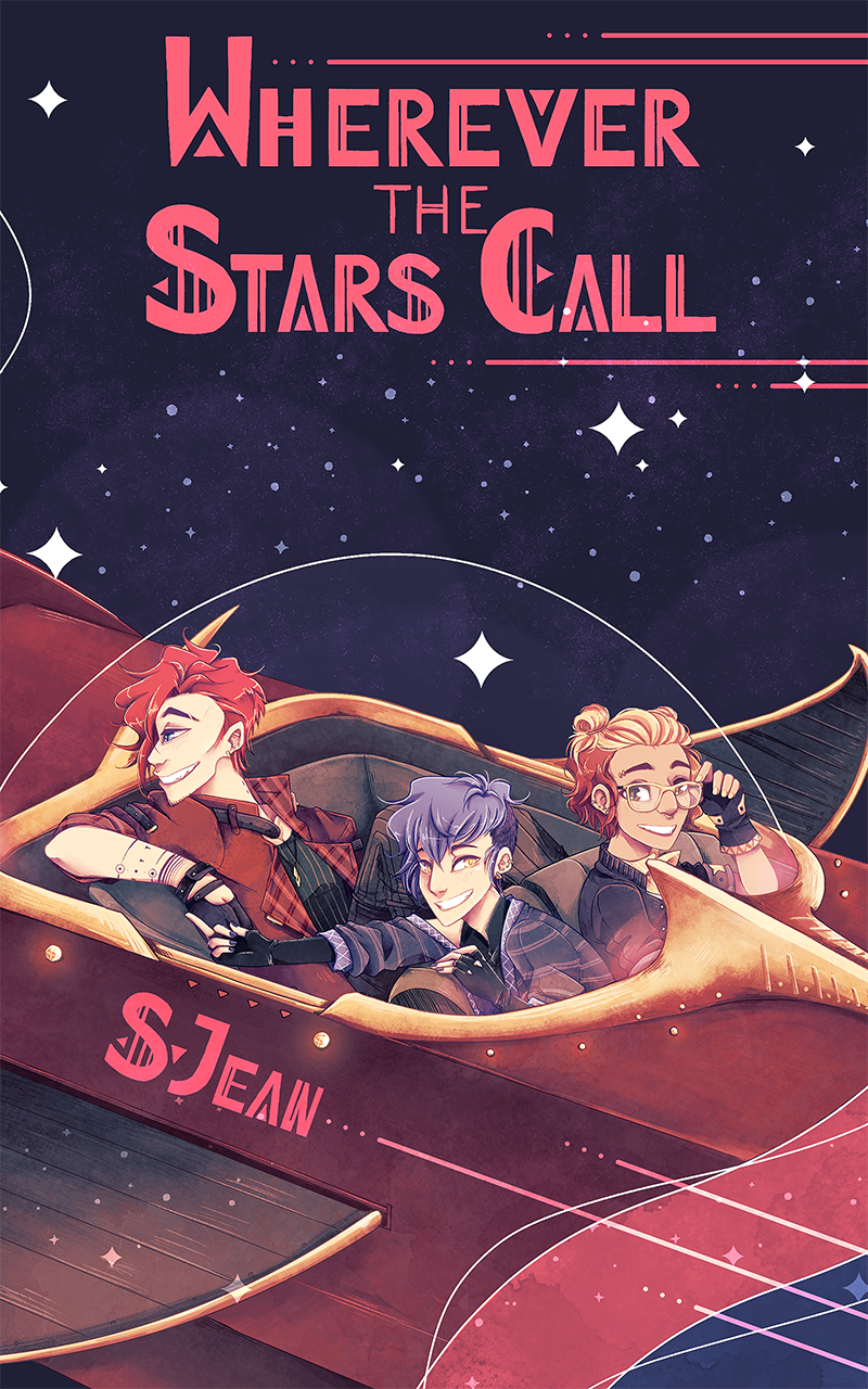 Illustrated cover for Wherever the Stars Call by S. Jean. The cover features the three main characters on a red space cruiser resembling an old 50s car flying through space.