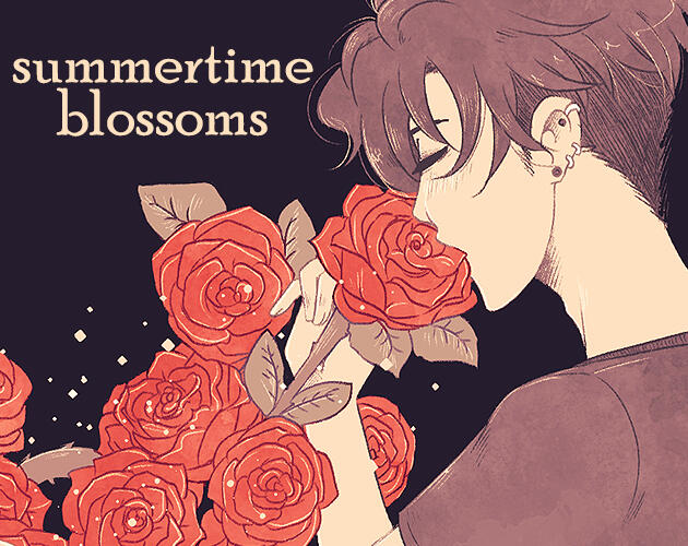 Icon for summertime blossoms. It features a young man holding a rose and kissing it while other roses crowd him.