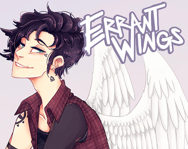 Icon for Errant Wings featuring Asher smiling smugly at the camera with his angel wings behind him.