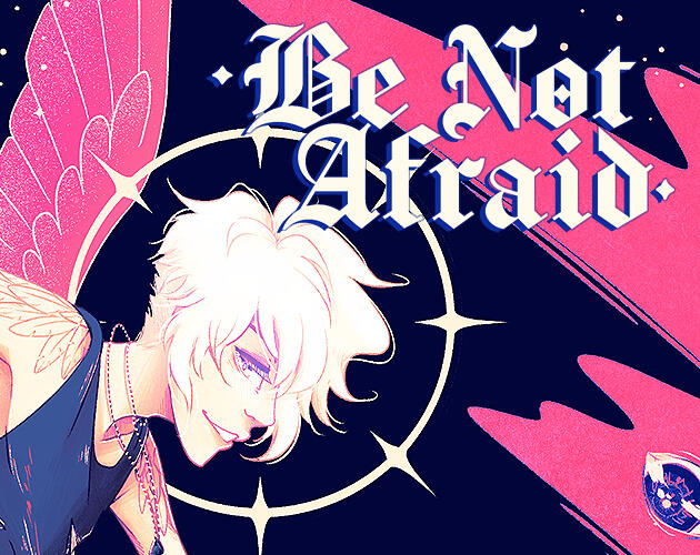 Icon for Be Not Afraid. It features Seth from the cover and one of his pink wings. He has a halo behind him. The background has a pink smear with a eye staring right at Seth.