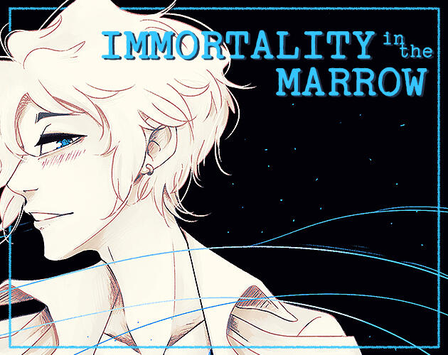 Icon for Immortality in the Marrow. It features a washed out young man in profile but still staring at the camera with a haunting blue eye. Around him are lines of electric blue magic and sparkles.